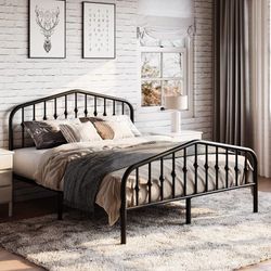 Queen Size Platform Metal Bed Frame with Chic Headboard and Footboard, Modern Design with Storage Space, Easy Assembly, Black