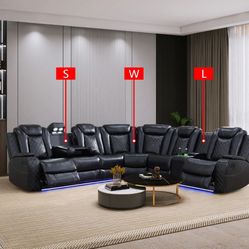 Black Breathing Leather 3-Piece Living Room Recliner Sofa