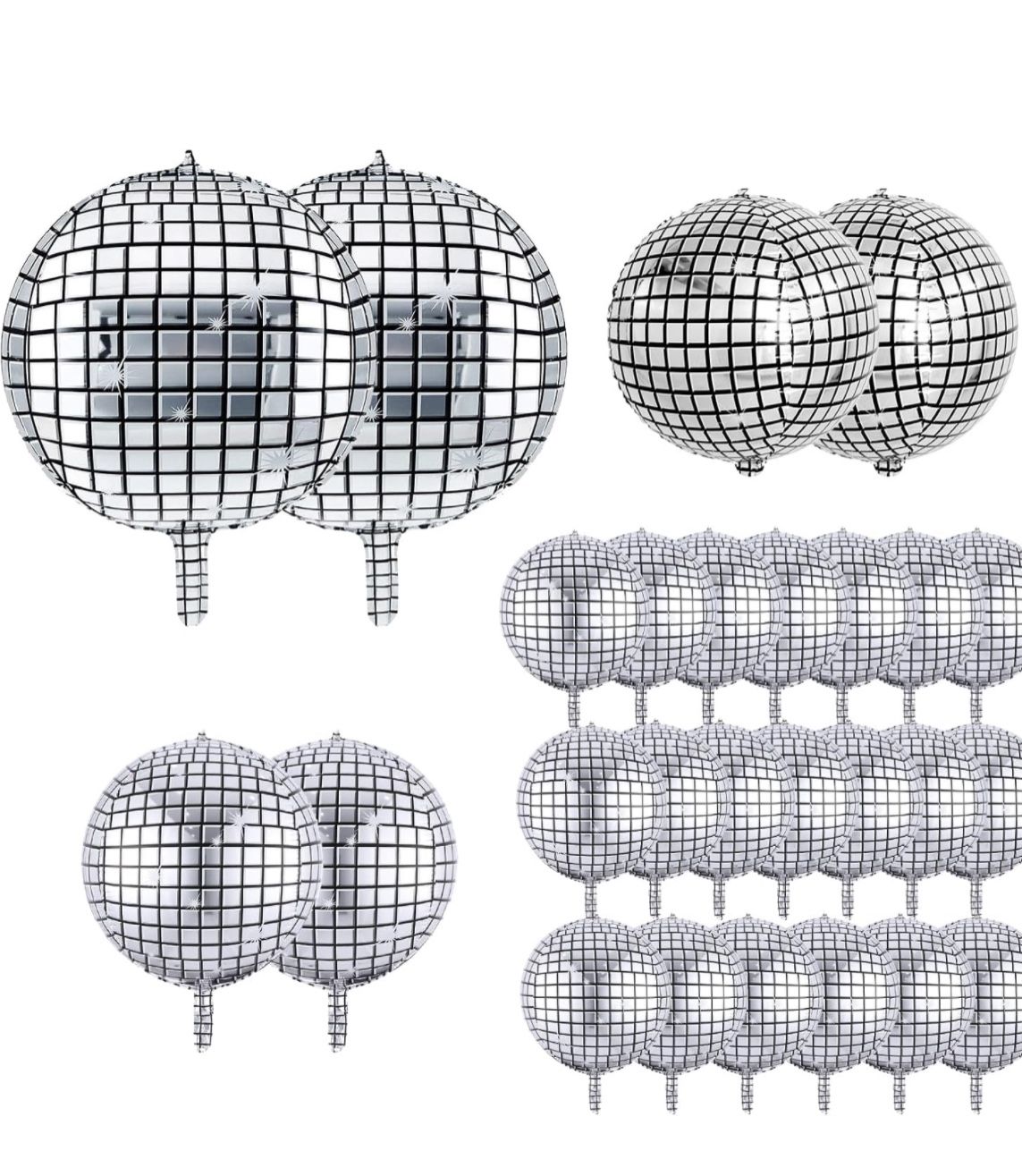 2 Packs=2x26Pcs Disco Ball Balloons Different Sizes- 4D Large Disco Balloons 22 18 15 10 Inch Metallic Silver Disco