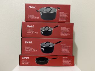 New 4 Stackable Set of 2 Sauce Pans, Stock Pot and Skillet