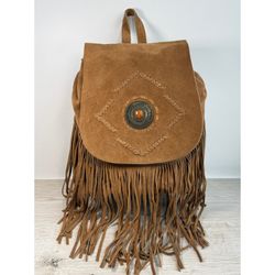 Brown Suede Fringe Backpack Boho Western Concho Whipstitch Festival Backpack Bag