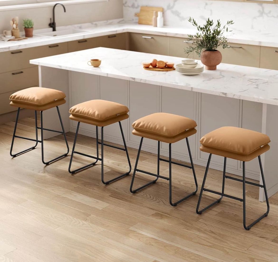 Counter Stools, Set of 4. Bar Stools with Cushion and Sled Base, Counter Height for Kitchen Island, Synthetic Leather and Steel, 16.5 x 17