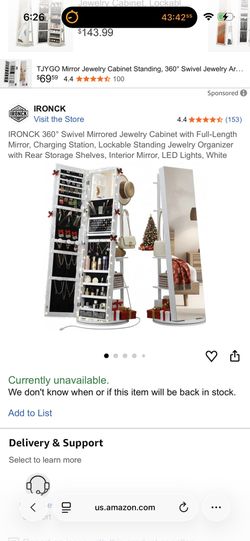 IRONCK 360 Swivel Mirrored Jewelry Cabinet With Full Length Mirror - Full Length Mirror - Jewelry Cabinet - Light Makeup Mirror - Coat Rack - Storage 