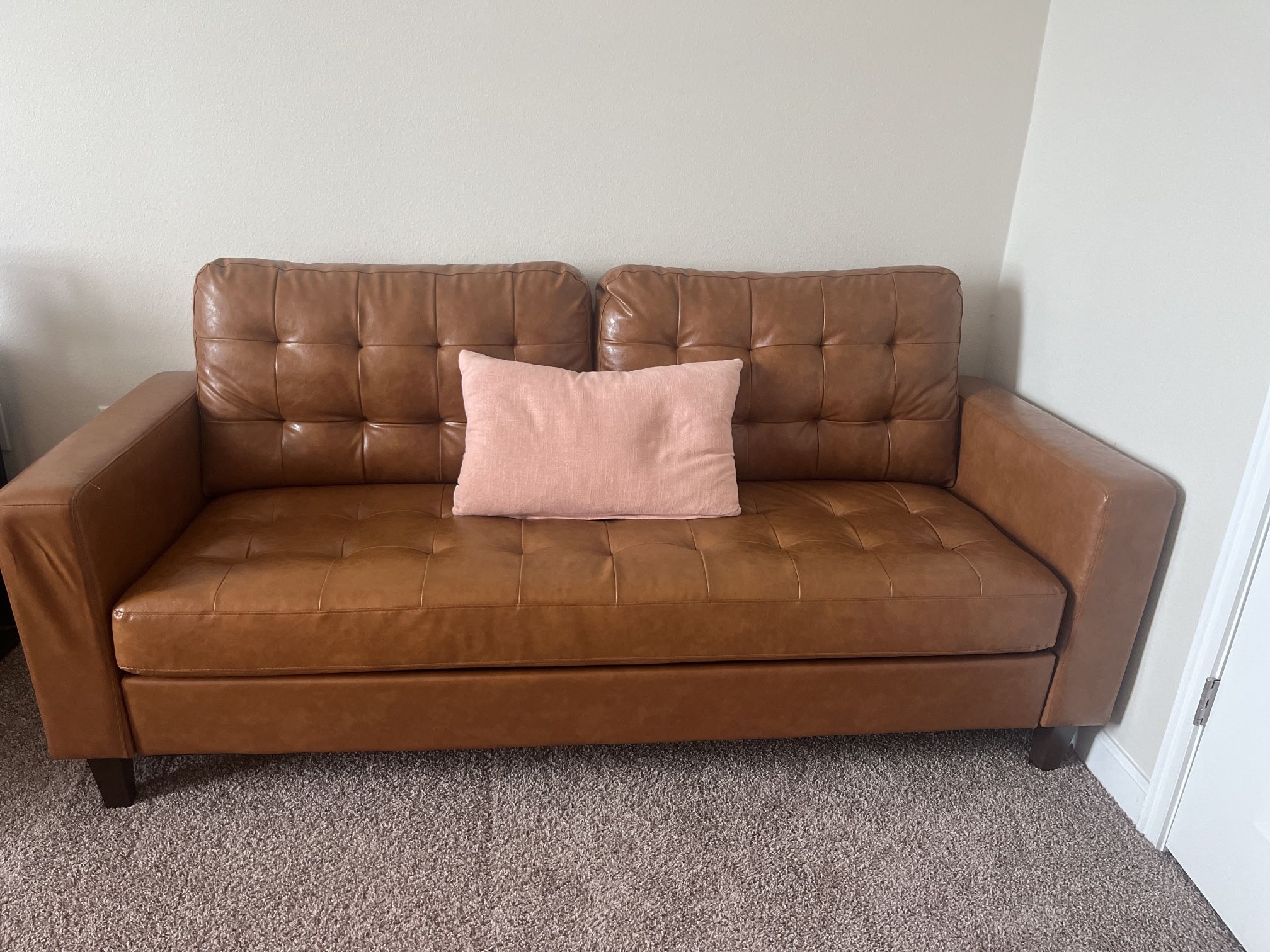 76 in brynn upholstered square arm sofa with buttonless tufting camel faux leather