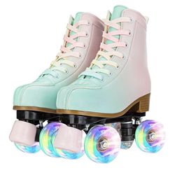 XUDREZ Roller Skates for Girls and Women, Light Green PU Leather Indoor Outdoor Roller Skates # 4.5