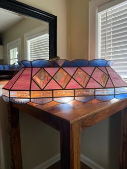 Vintage Tiffany Style Stained Glass Hanging Billiard Pool Table Light Pink Blue Geometric