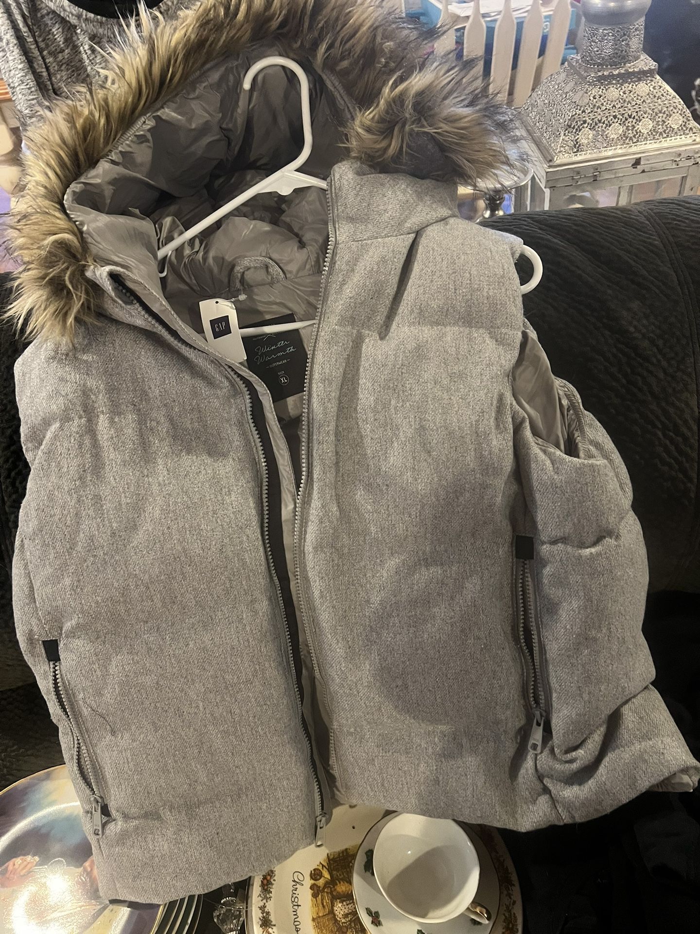 Gap Coat Vest With Plush Fur Hood Trim