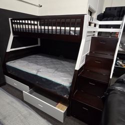 Brand New Twin/Full Bunkbed With Staircase Storage, 2 Bottom Drawers & Mattress Included  $799
