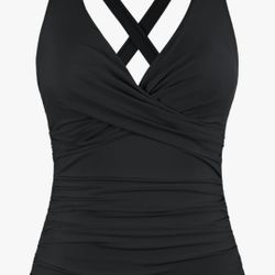 Hilor Women's Underwire Tankini Top Tummy Control Bathing Suits Sexy V Neck Crossover Swim Top Only