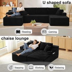 134 Inch Modular Sectional Sofa, Cloud Boneless Couch for Living Room Modern Corduroy Couch w/ Side Pockets & Cup Holders, Oversized 4 Seater Deep Sea
