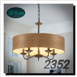 Rustic Farmhouse Drum Chandelier – 22” Round Faux Wood Finish Pendant Light