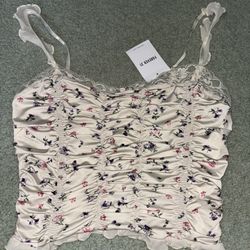 Forever 21 Floral Mesh Tank Top Ruffle Sleeve