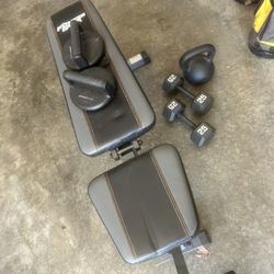 weight bench, weights, kettle bell and more