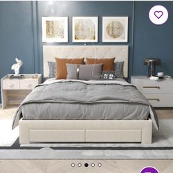 Cream Upholstered- velvet  Queen Bed Frame with Stora