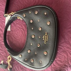 NWT Coach Carmen Mini Crossbody Bag With Crystal Pebble Leather Black CAK87