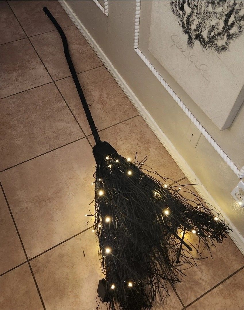 NEW Pottery Barn Lit Light Up Witch Broom Stick BLACK Halloween