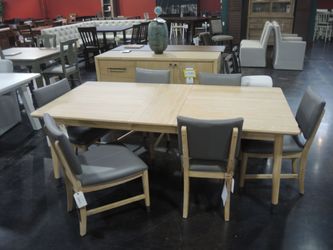 Modus 7-Piece Extendable Dining Set - Natural Wood Table & 6 Gray Upholstered Chairs
