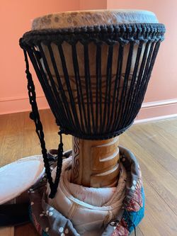 Hand Carved African Drum With Carrying Case