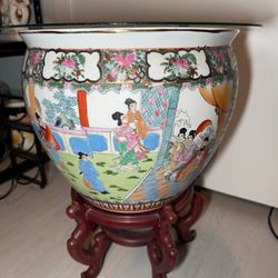 Large Chinese Porcelain Fishbowl Planter w/ Wood Stand & Glass Top