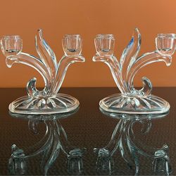 Vintage Pair Indiana Glass Lotus Blossom Double Candlestick Holders Art Deco 6”