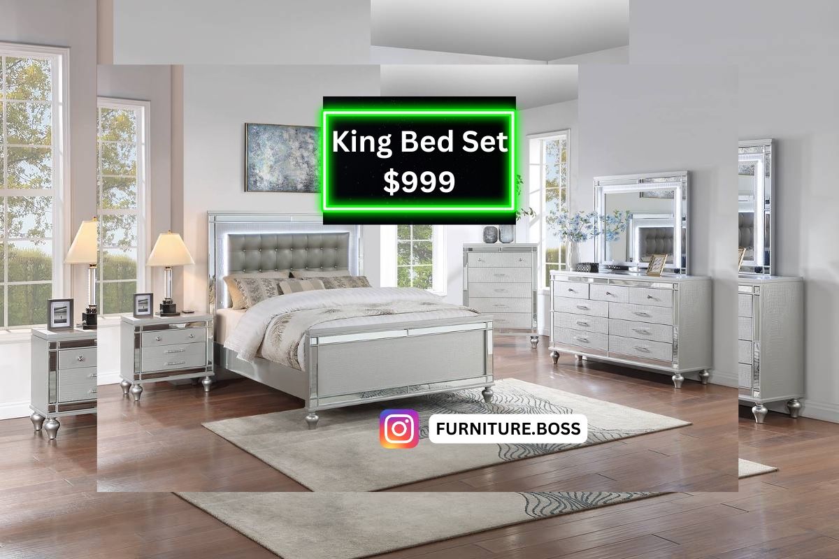 Glam Bedroom Furniture- 4pc King Bed +Dresser+Mirror+Nightstand $999