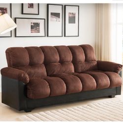 DARK BROWN Fabric Futon Sofa Bed w/ Armrest