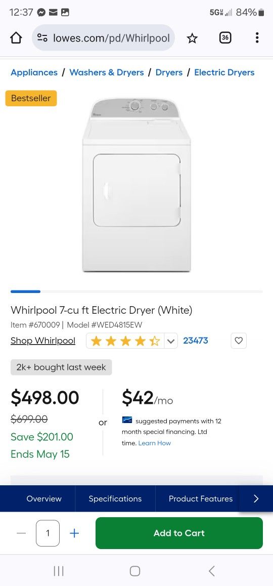 Whilpool 220v Electric Dryer New Delivery Available