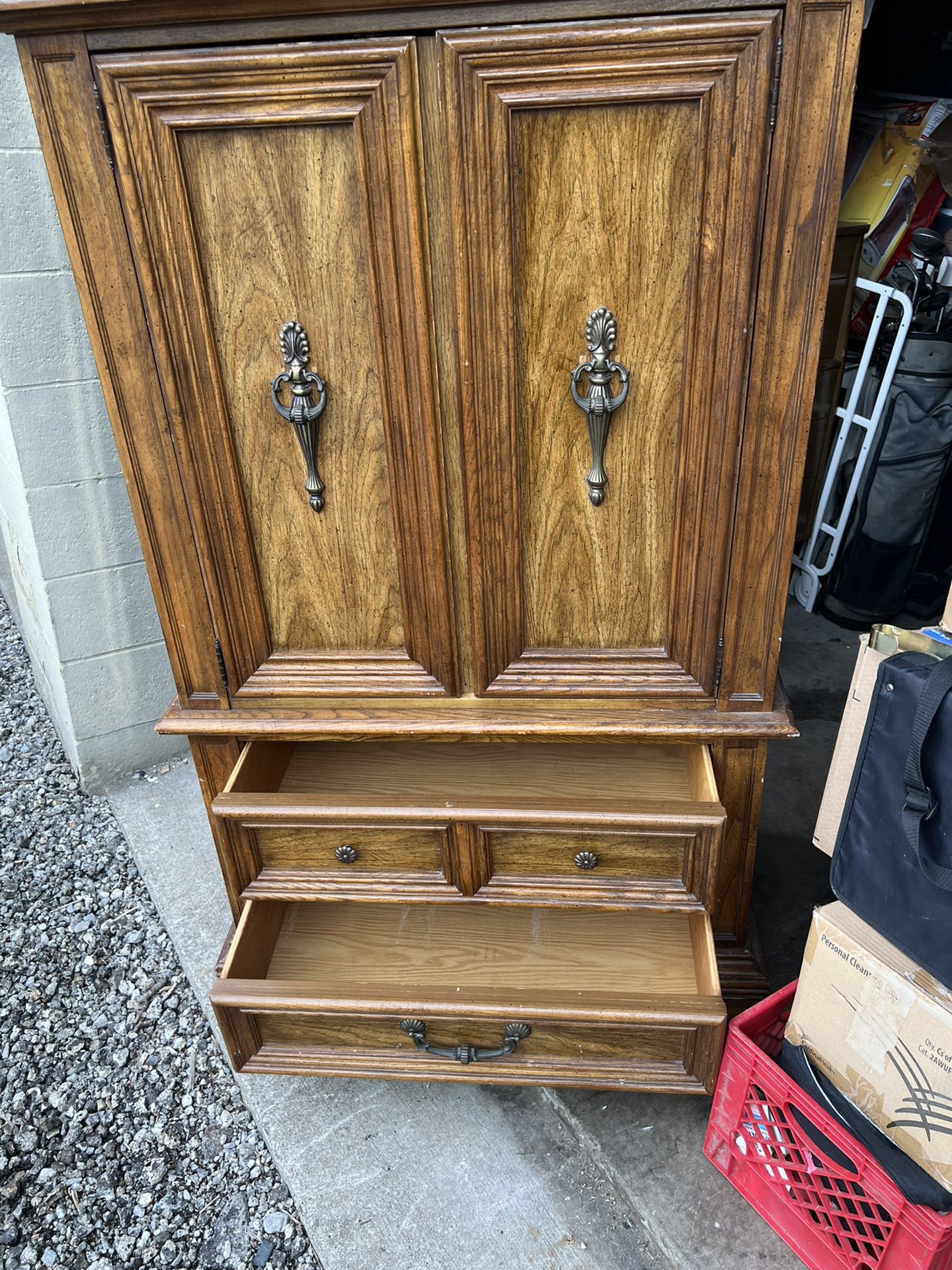 Wooden Armoire, and Matching Nightstand.  Armoire  38”wide  20”deep  60”tall  Nightstand  26”wide  16”deep  24 3/4” tall  