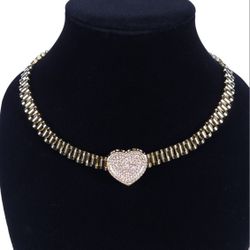 Gold Chain Rollie Chain Women's Necklace w Iced Out Heart Pendant 20"