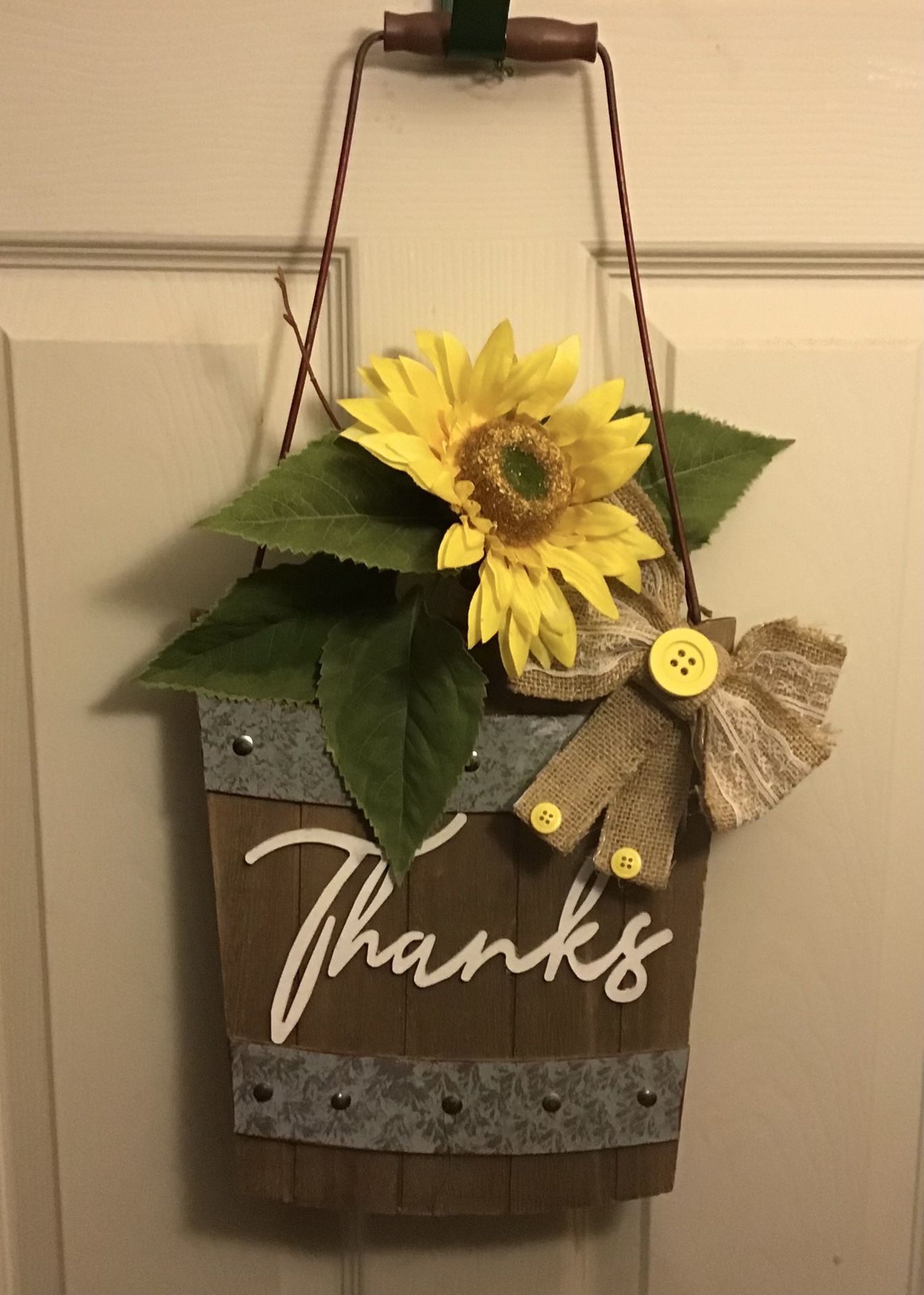 Hanging Wooden Door Bucket With Sunflower