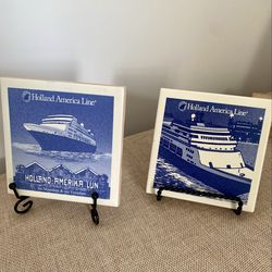 The Holland-America Line 4"X4" Art Deco Blue & White Porcelain Coasters are a highly sought-after vintage collectible set featuring a nautical theme. 