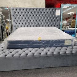 Brand New// Gray Velvet Queen Storage Platform Bed Frame Cama // King Size Available, Mattress Sold Separately 