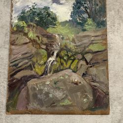 LOUISE KAMP (1(contact info removed)) Fantastic Rocky Waterfall Oil Painting (Listed, NY.)