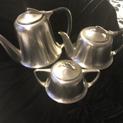 Vintage Metawa Holland Pewter Rattan Wrapped Handle Coffee Teapot Sugar Bowl Set