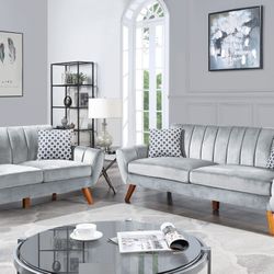 Brand New Grey Velvet Retro Style Sofa & Loveseat