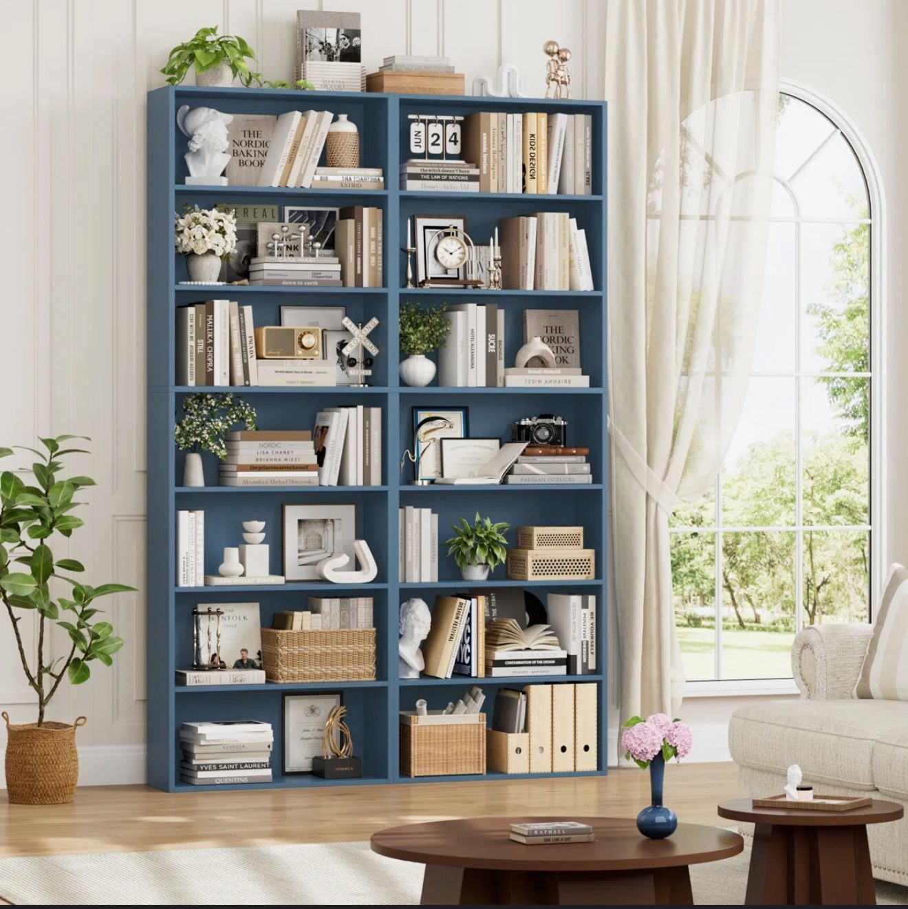 2-Piece 7-Tier Bookcase Set – Tall Blue Wood Shelving Units