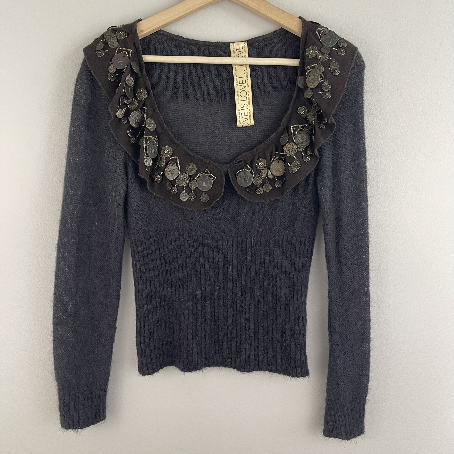 LOVE SEX MONEY Vintage Y2K Dark Brown Butterfly Coin Embellished Mohair Sweater