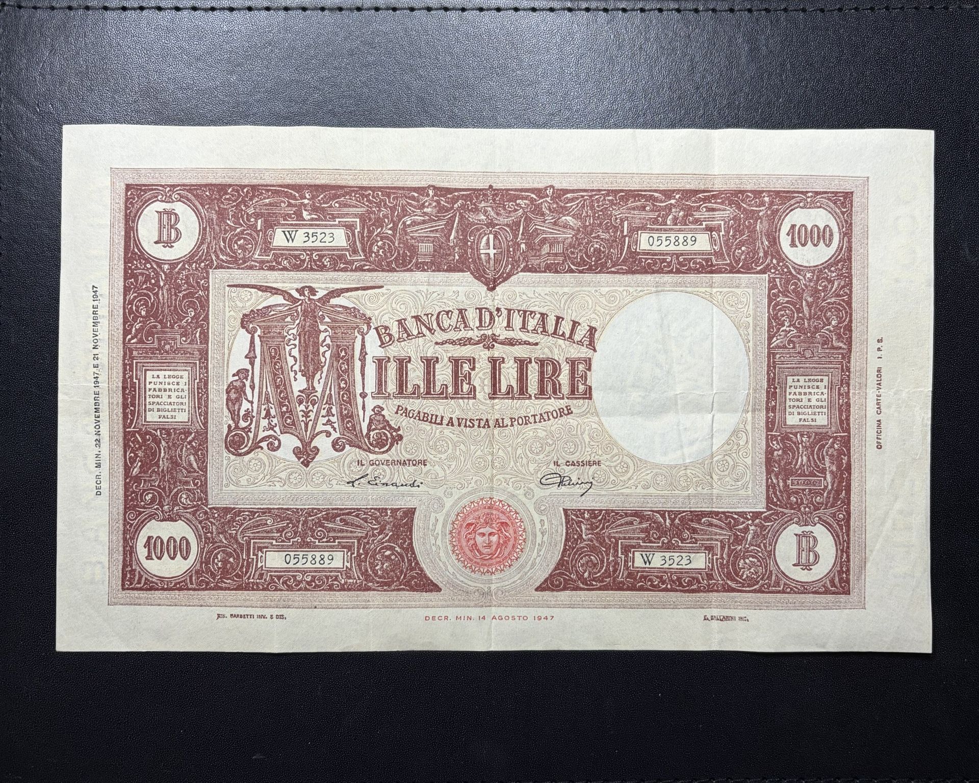 1947 Italy Large Sized "Grande M" 1000 Lire Banknote