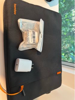 tomtoc Defender - A13 Laptop Sleeve (16 Inch) - Black w/ sealed 20W USB-C Power Adapter and opened 30W USB-C Power Adapter