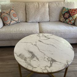 Ashley’s Furniture Large Woven-Print Couch – White & Tan Velour & Soft Corduroy Texture