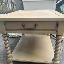 End Wooden Table 22” Wide X 27” Deep And  21” High Has  A Drawer 