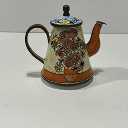 Vintage Kelvin Chen Enameled Miniature Cooper Teapot Vincent  Van Gogh Design 3”.