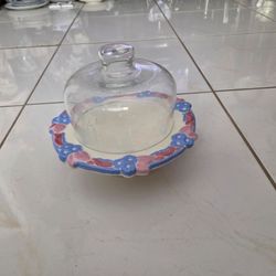 Hand painted ceramic pedestal cheese plate with glass cloche, 7.5 inch diameter, 8 inch total height, no chips cracks, $22