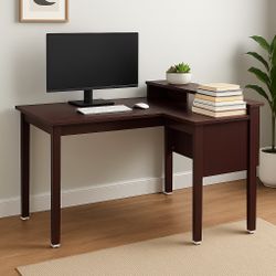Modern L-Shaped Office Desk – Dark Wood Finish