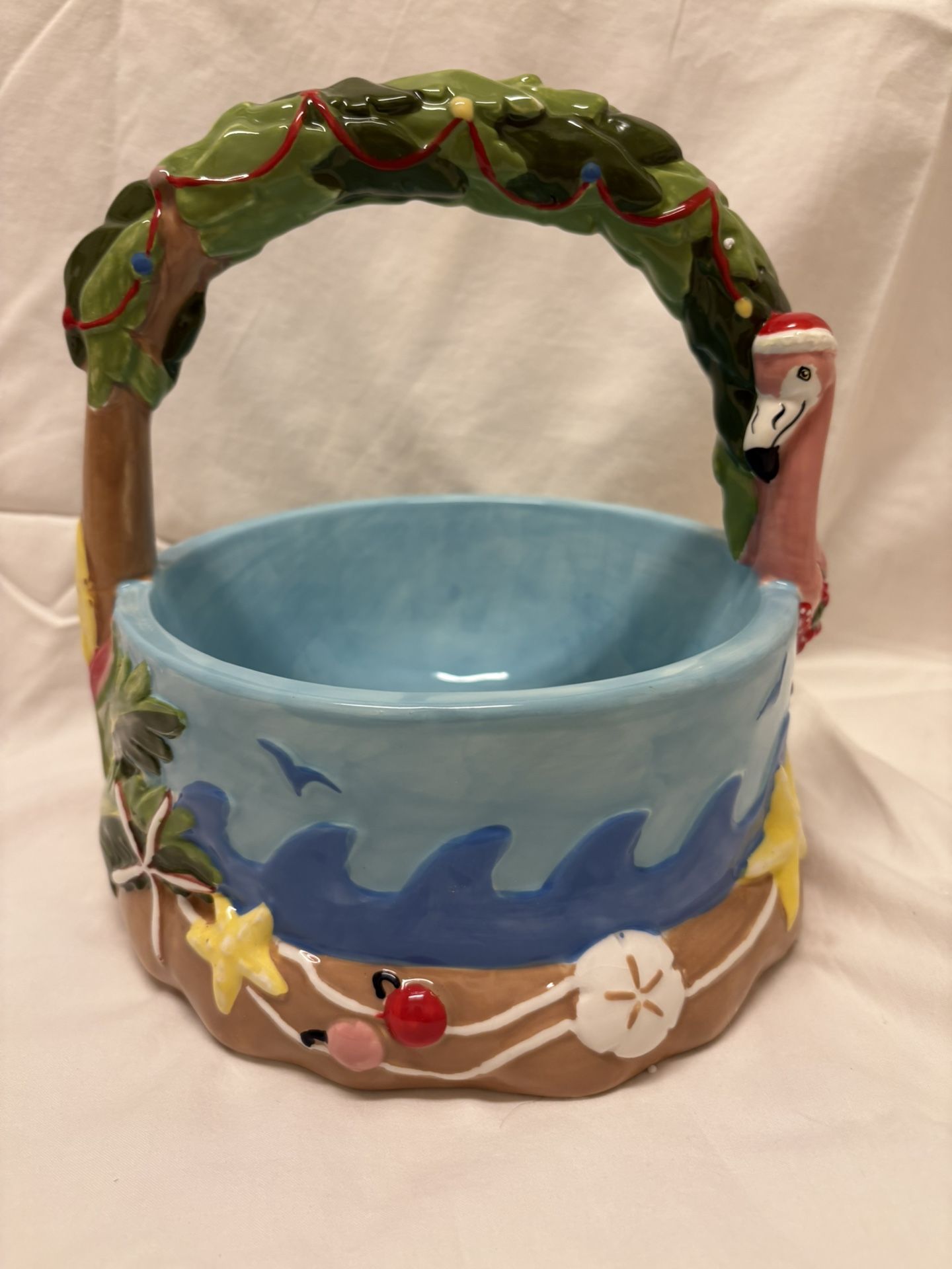 Tropical Hand Painted Holiday Ceramic Candy Basket 