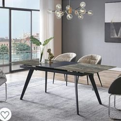 Acanva Expandable Dining Table for 6-8 Seat, Modern Rectangle Design with Extension Leaf for Kitchen Restaurant, Thicker Top and Carbon Steel Pedestal