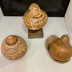 Set od 3 Vintage Gourd Art ink Painted , , and inscribed around Gourd ilustrations of daily South American Village , and a Bird hand Carved