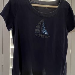 Woman’s Navy Blue Sequin Sailboat Cotton Top (Size Large)