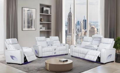 Brand New Sleek Style White Power Recliner Sofa with Power Headrest & Wireless Charging