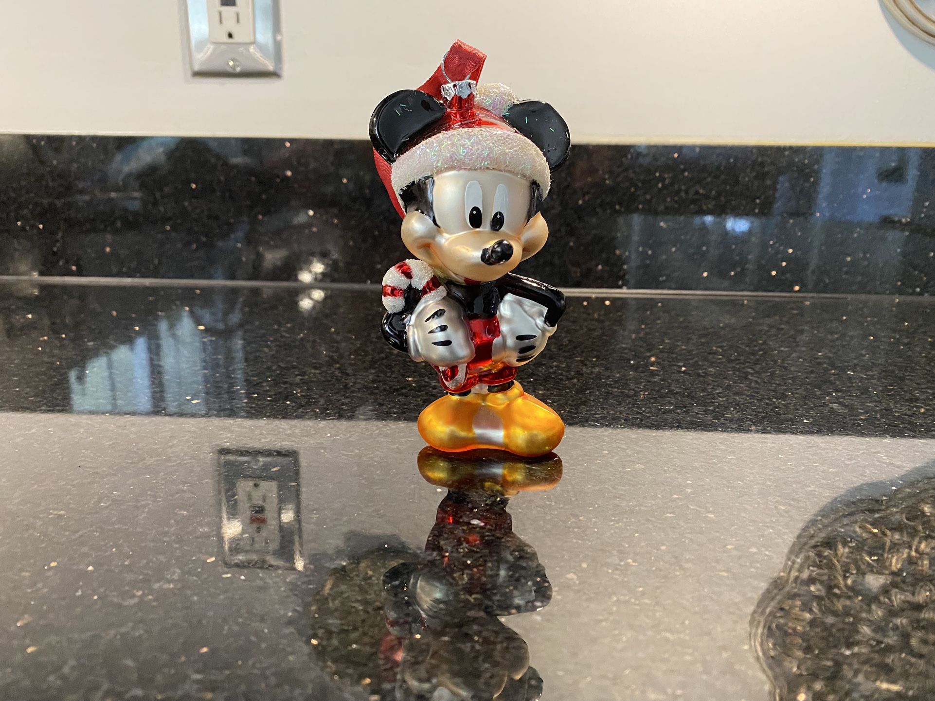 Vintage Disney Blown Glass 5" MICKEY MOUSE With Sparkling Candy Cane Ornament